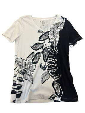Chicos Black & White Top T-Shirt Size 0 XS Cotton Floral Print V-Neck Artsy